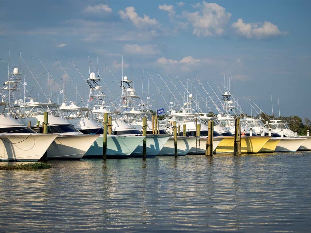 A fleet of yachts and sport-fishing boats docked in a marina.