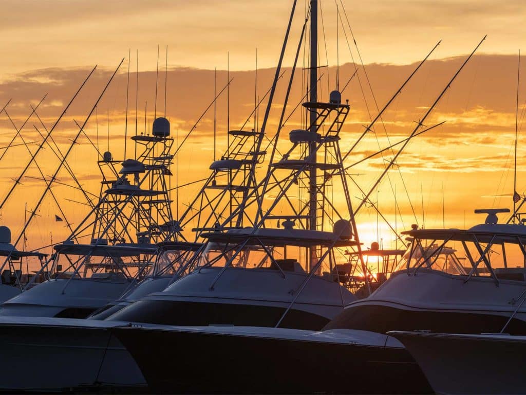 A fleet of sport-fishing boats in a marina at sunset.