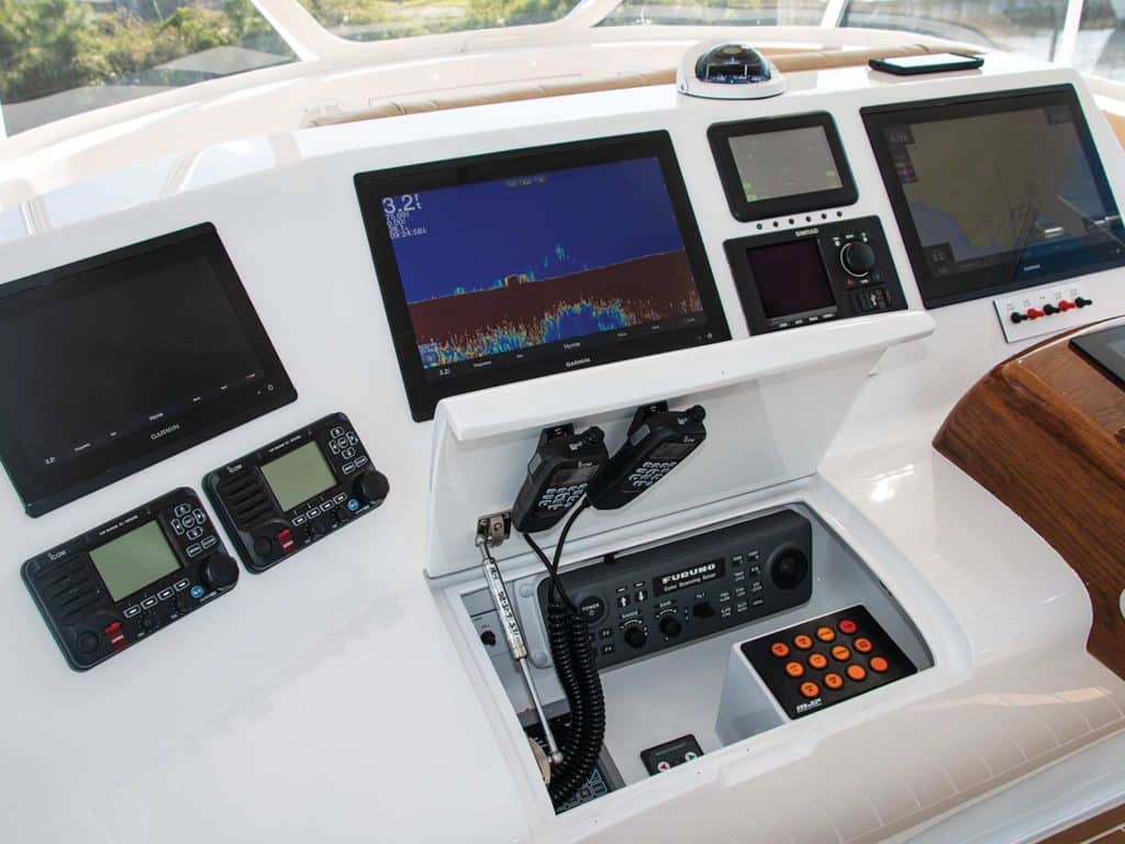 The console and helm of the Spencer 63 sport-fishing boat.