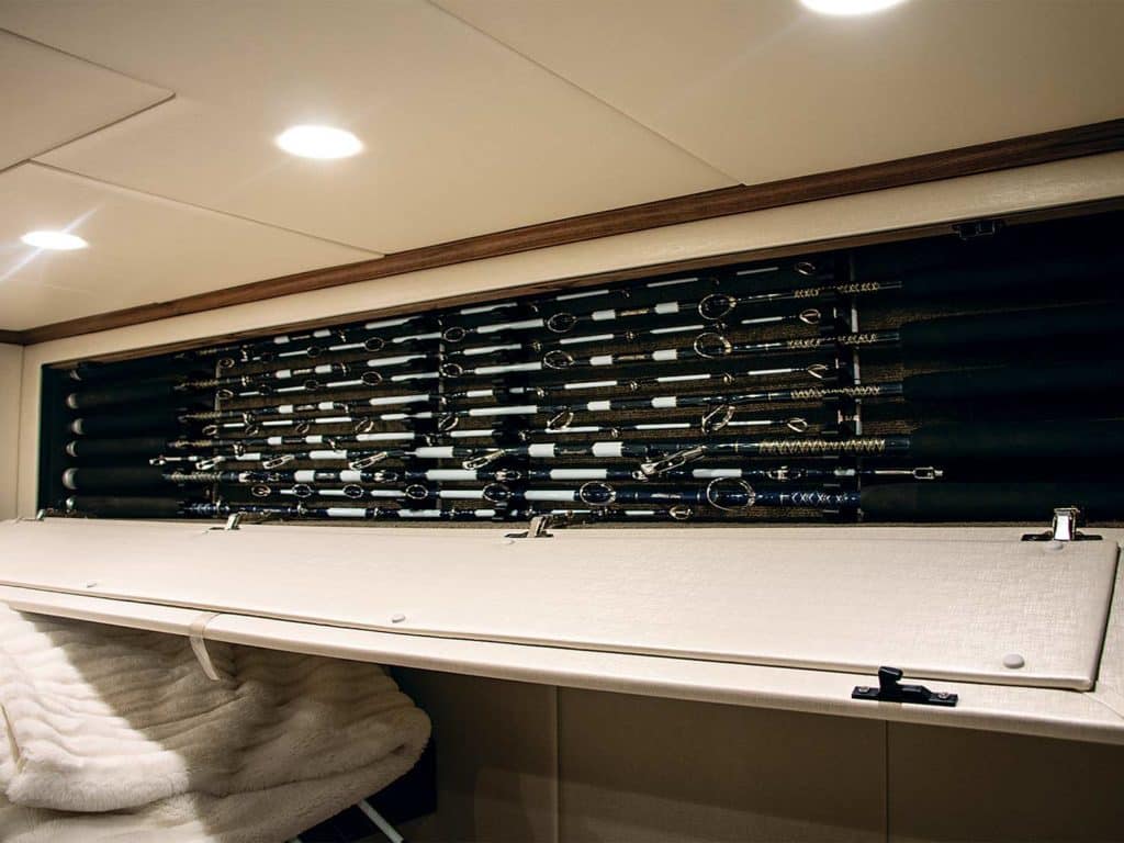 The rod and reel storage inside a custom Spencer Yachts sport-fishing boat.