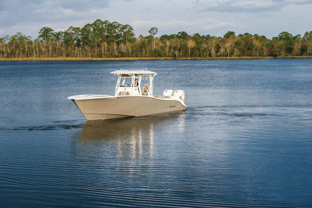 The Cape Horn 34XS offshore boat on the water.