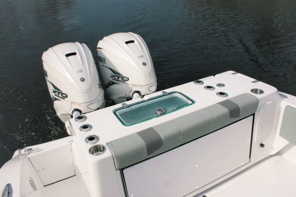 Outboard motors on a Cape Horn 34XS offshore boat.