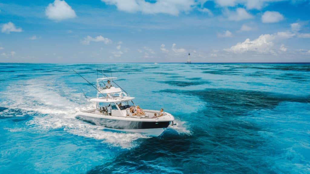 Everglades 455CC offshore boat on the water.