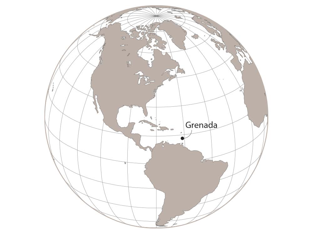 A globe of the world with Grenada's location marked slightly above South America.