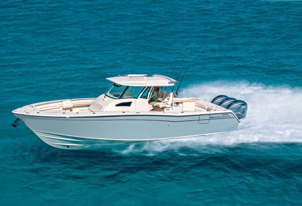 The Grady-White Canyon 375 offshore boat on the water.