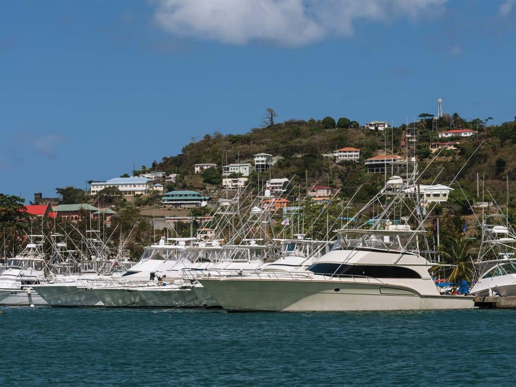 A fleet of yachts docked at the Grenada Yacht Club.