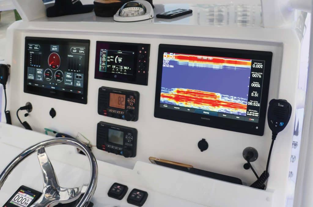 Boat dashes and marine electronics.