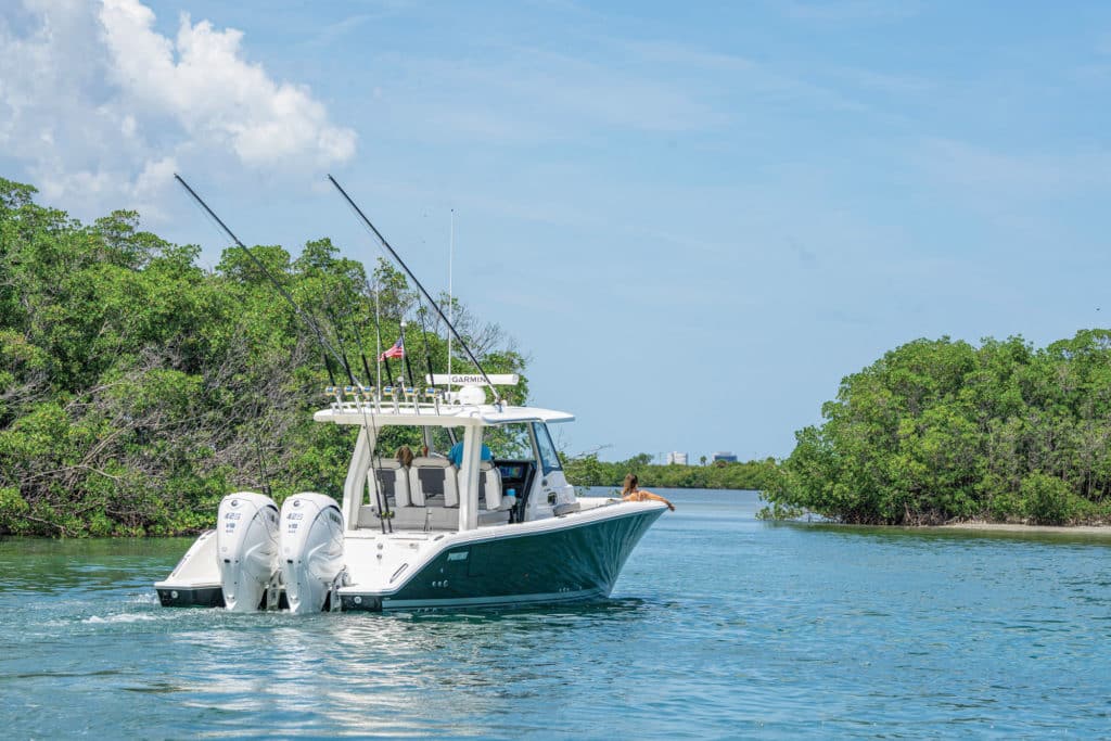 the Pursuit S 358 offshore boat on the water.