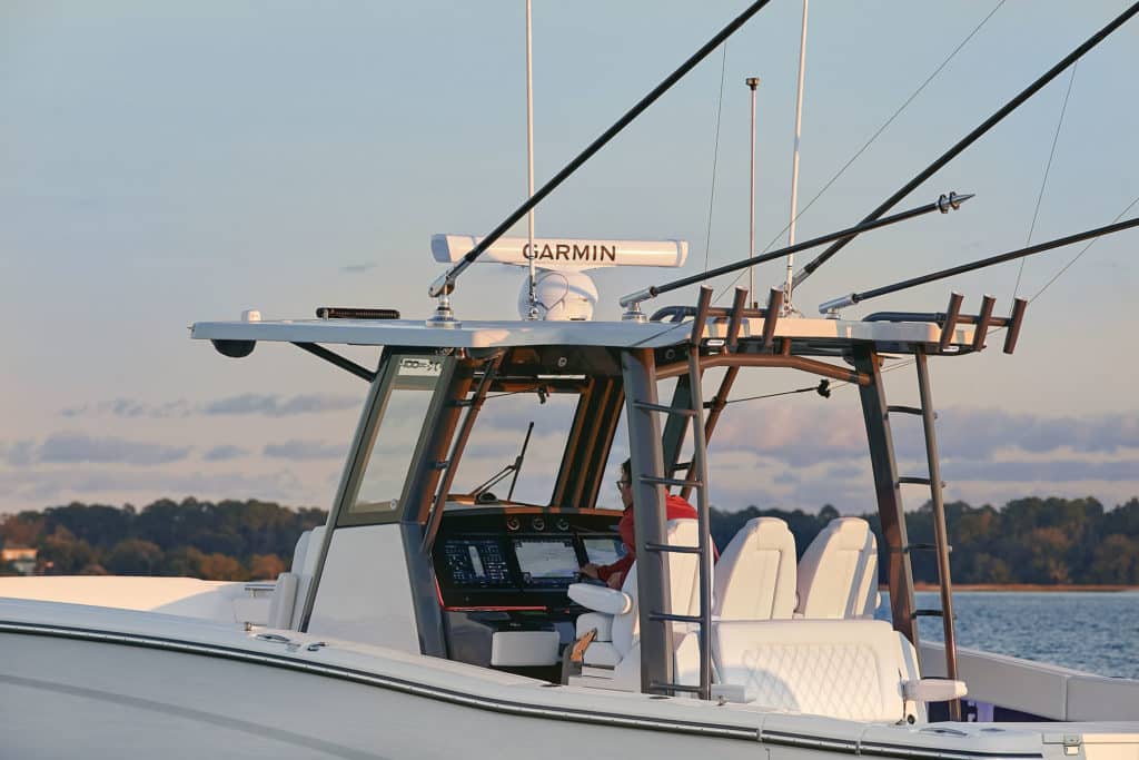 Fiberglass T-top on the World Cat 400CC offshore fishing boat.