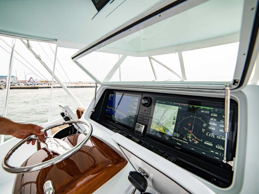 The helm of the Duffie Boatworks 64 sport-fishing boat.