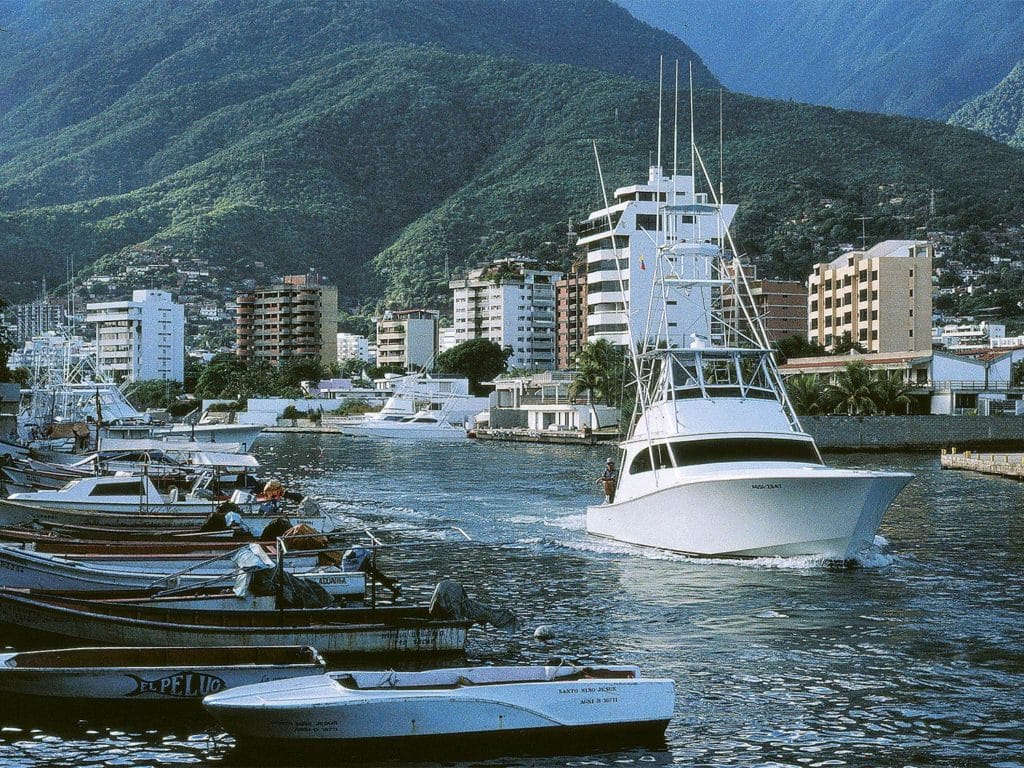 A sport-fishing boat in the Venezuelan marina.