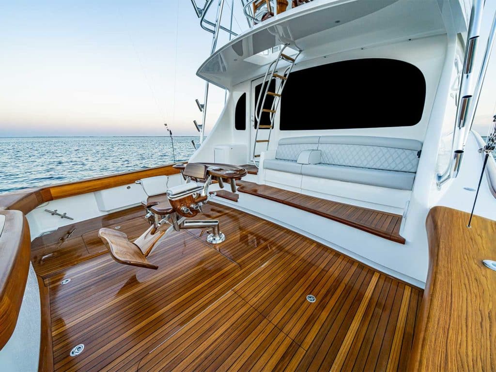 The cockpit and fighting chair of the Viking Yachts 64 sport-fishing boat.