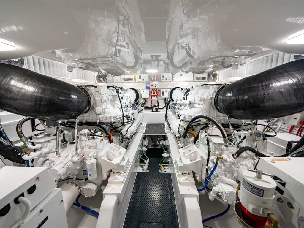 The engine room of the Viking Yachts 64 sport-fishing boat.