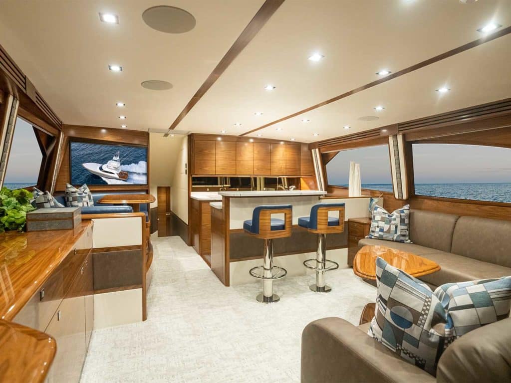 The interior salon of the Viking Yachts 64 sport-fishing boat.