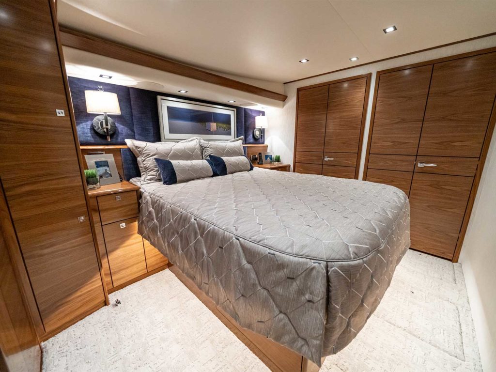 The master stateroom of the Viking Yachts 64 sport-fishing boat.