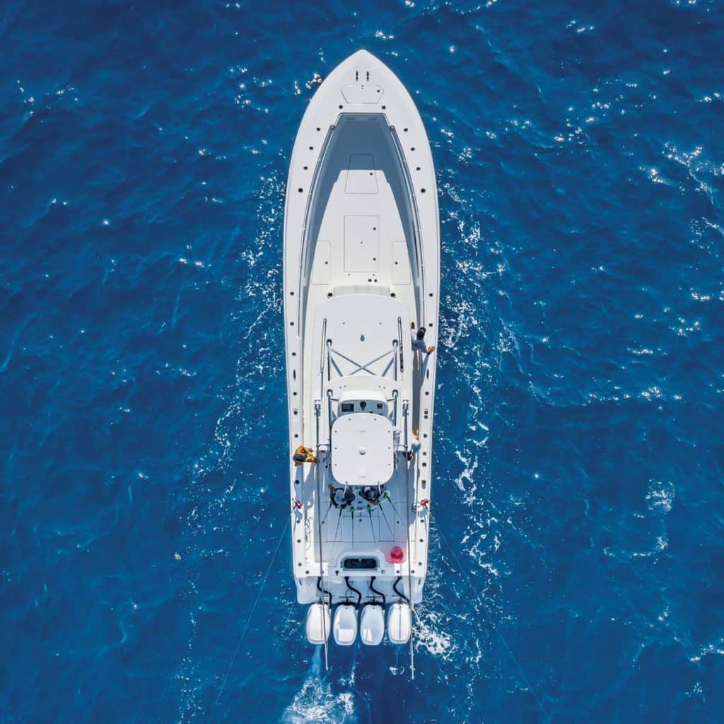 A top down view of a sport-fishing boat.
