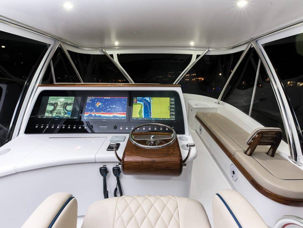 The helm and displays of the Winter Custom Yachts 63.
