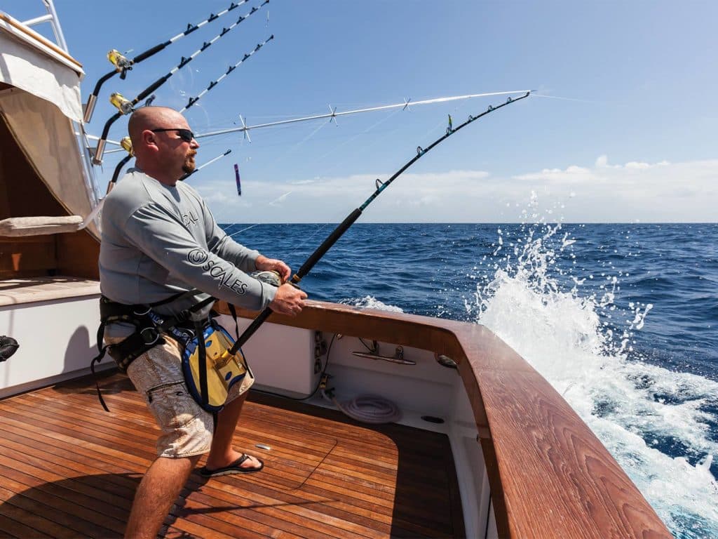 A sport-fishing angler reels in a catch.