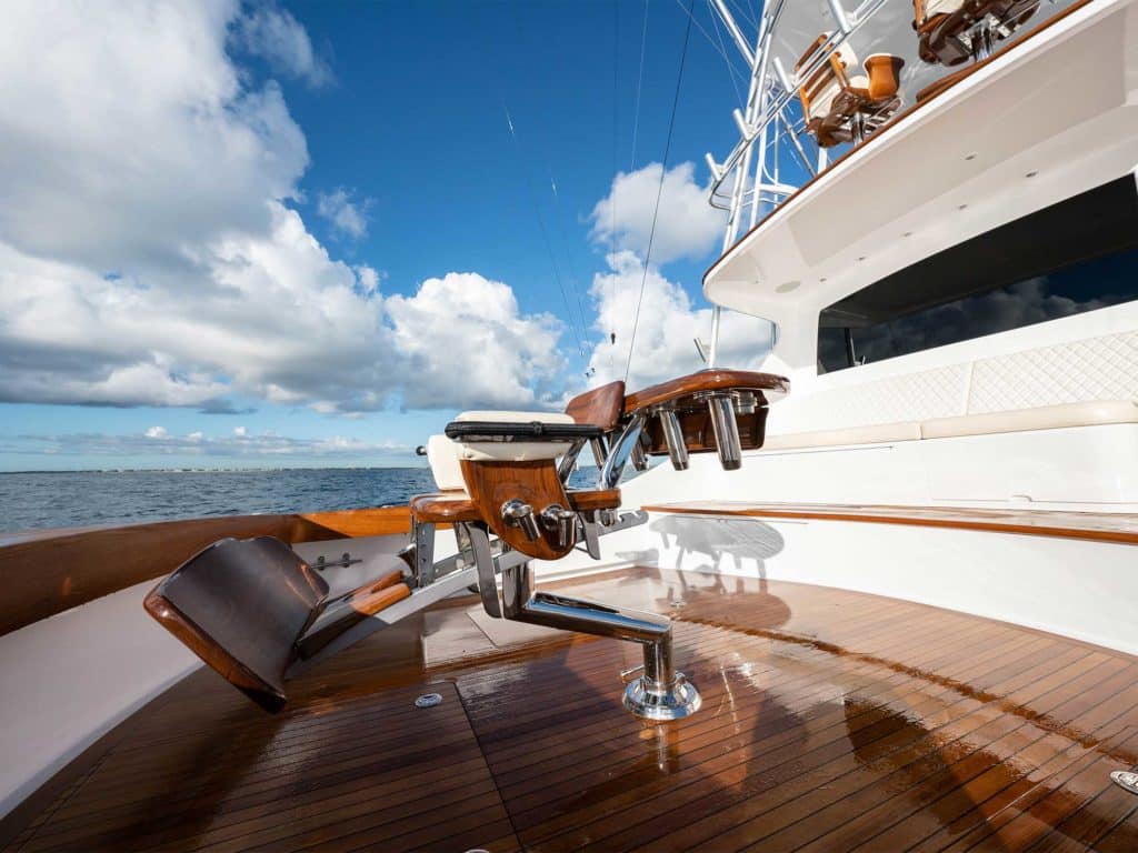 The cockpit and fighting chair of the Garlington 71 sport-fishing yacht.