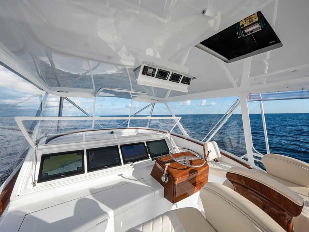 The helm and displays of the Garlington Yachts 71 sport-fishing yacht.