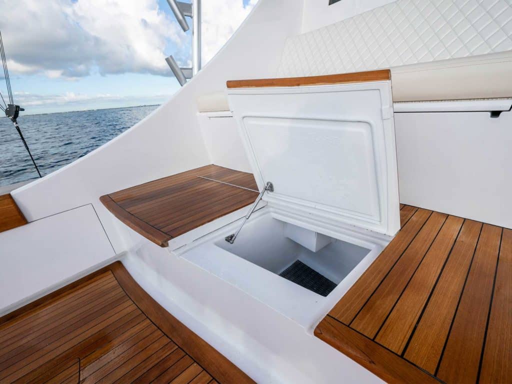 Storage compartments built into the mezzanine of the Garlington 71 sport-fishing yacht.