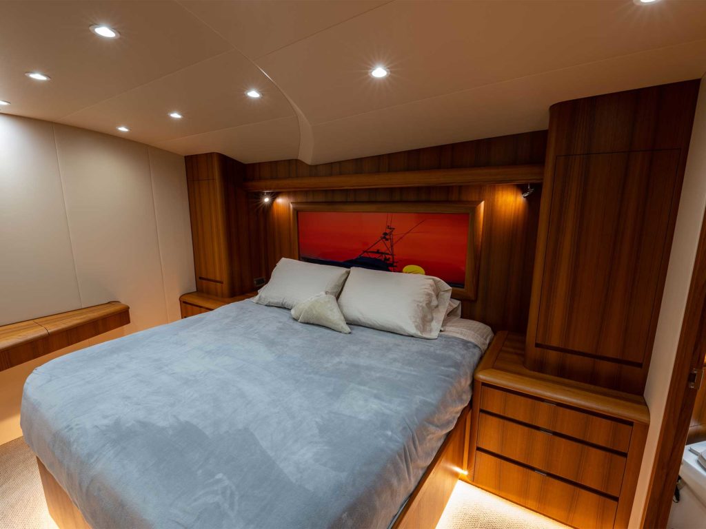 The stateroom of the Garlington 71 sport-fishing yacht.