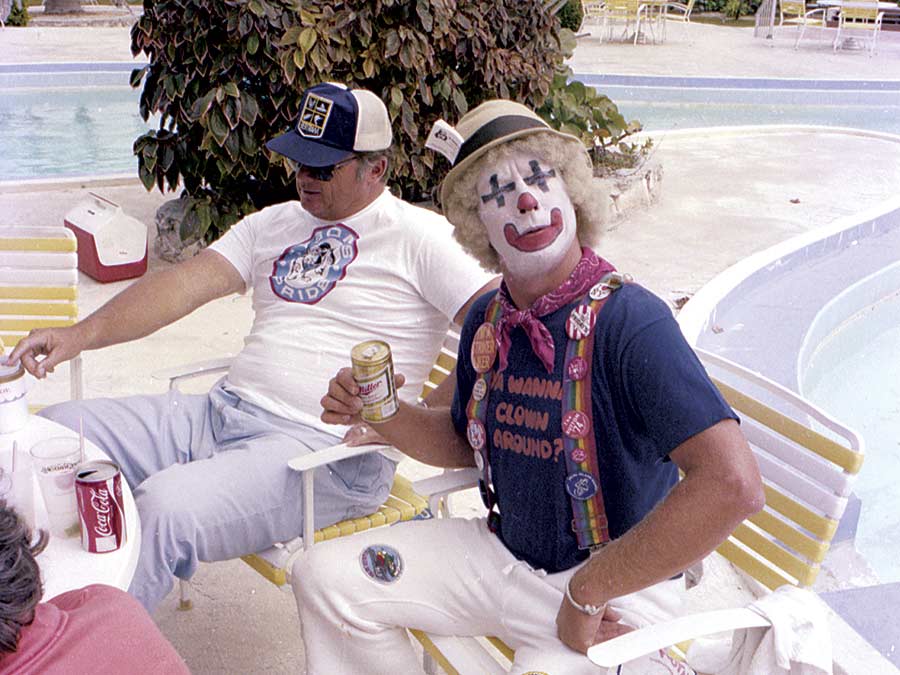 A sport-fishing angler, Larry Cullins, dressed as a clown.