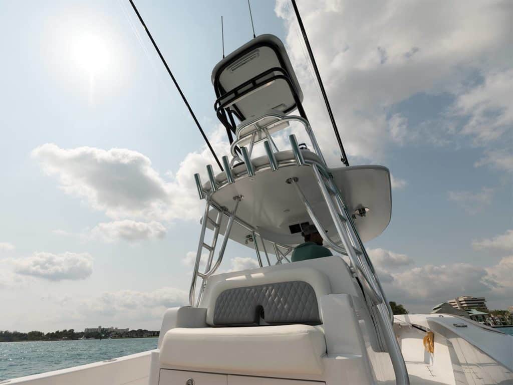 The marlin tower of a sport-fishing boat.