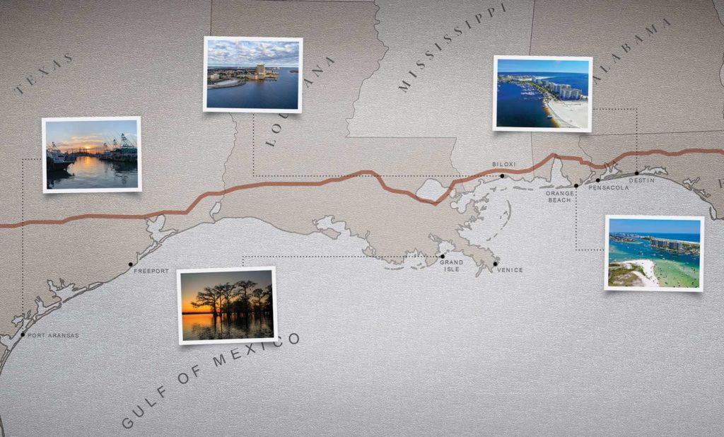 A photo montage of Interstate 10 and the Gulf of Mexico
