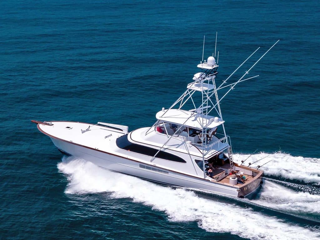 A Merritt 77 sport-fishing yacht on the water.