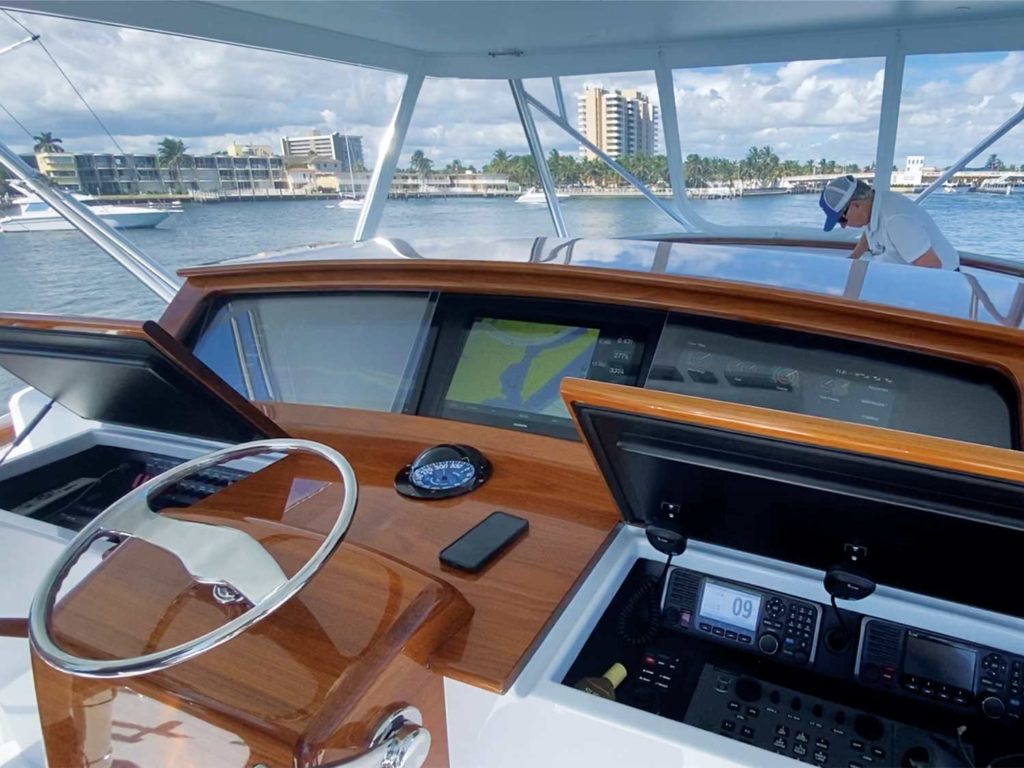 The helm of a Merritt 77 sport-fishing yacht