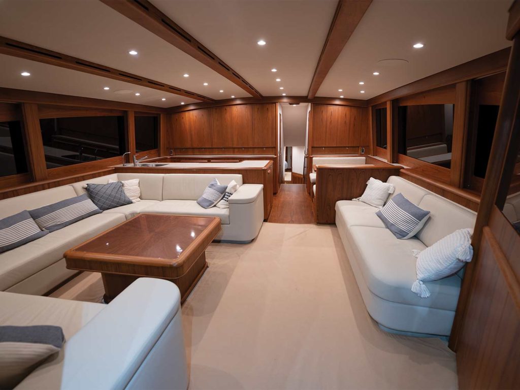 The interior salon of a Merritt 77 sport-fishing yacht