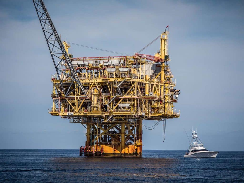 An oil rig off the coast of Texas.