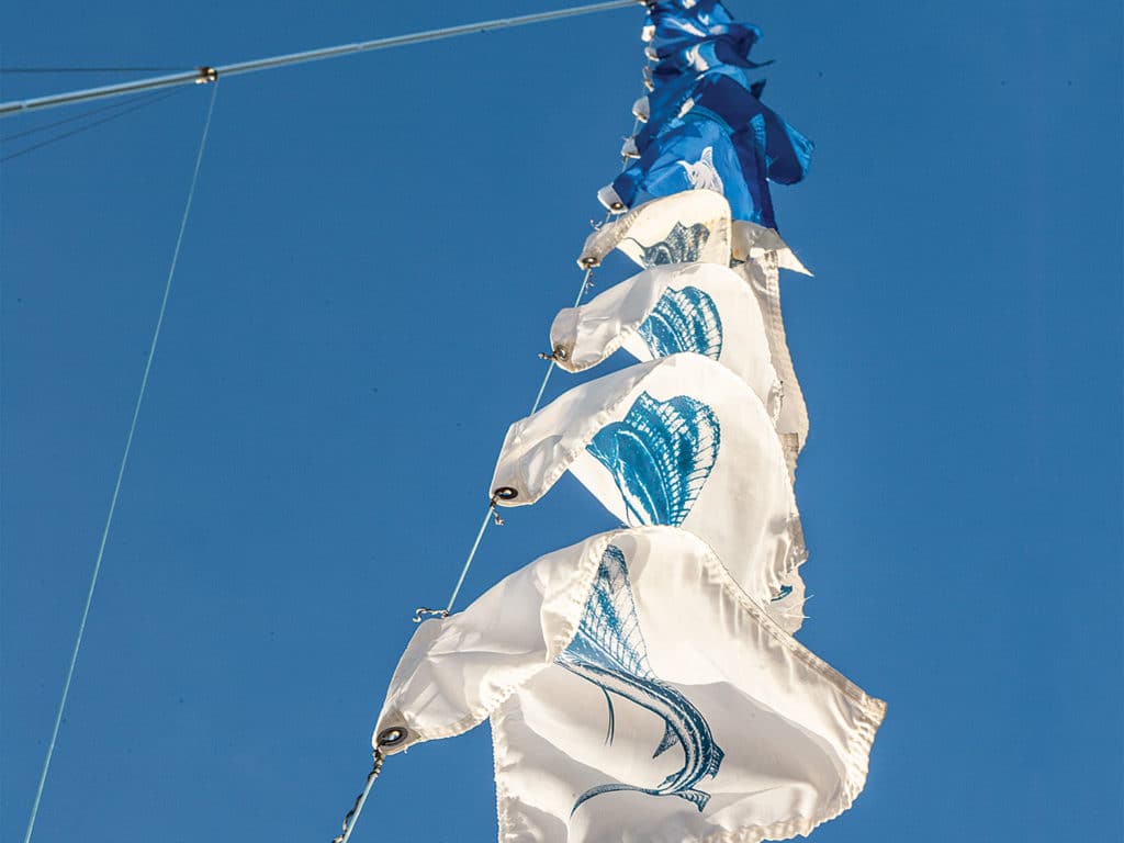 Sailfish and marlin fishing flags flying in the breeze.