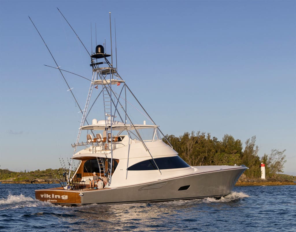 A sport-fishing yacht on the water.