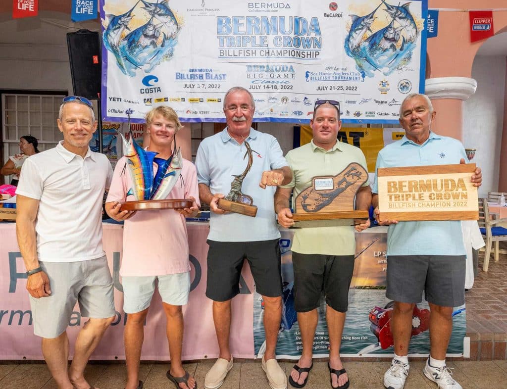 A sport-fishing team celebrates at the Bermuda Triple Crown awards ceremony.