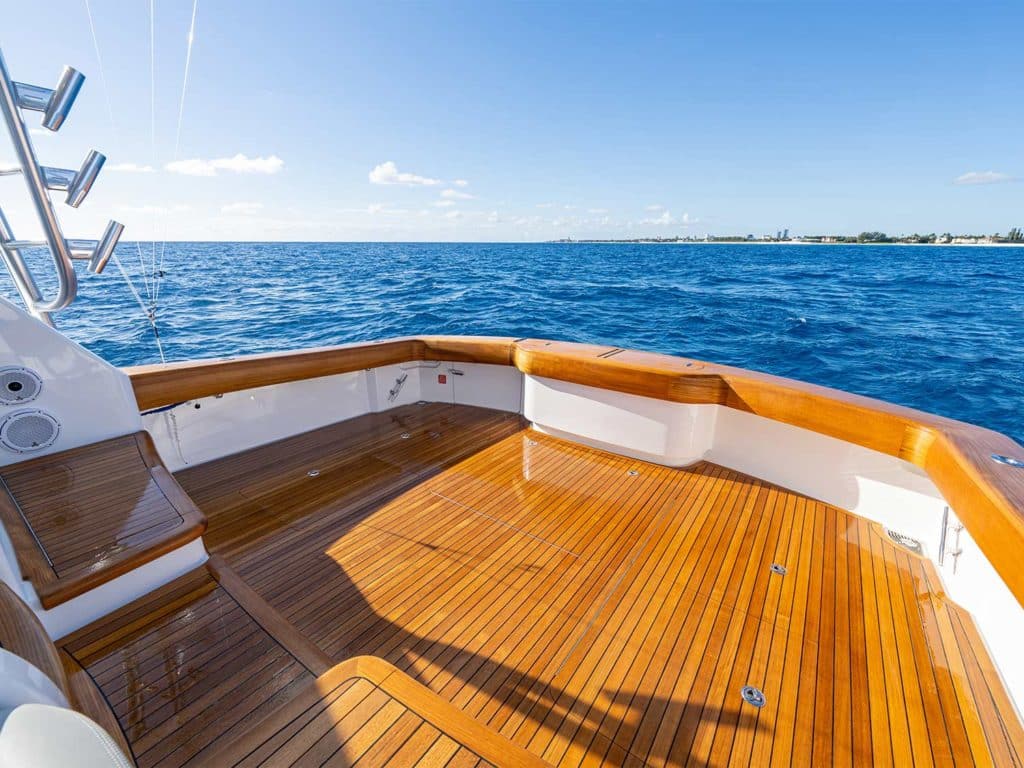 A view of the ocean from the cockpit of the Viking Yacht 54 Sport Tower.