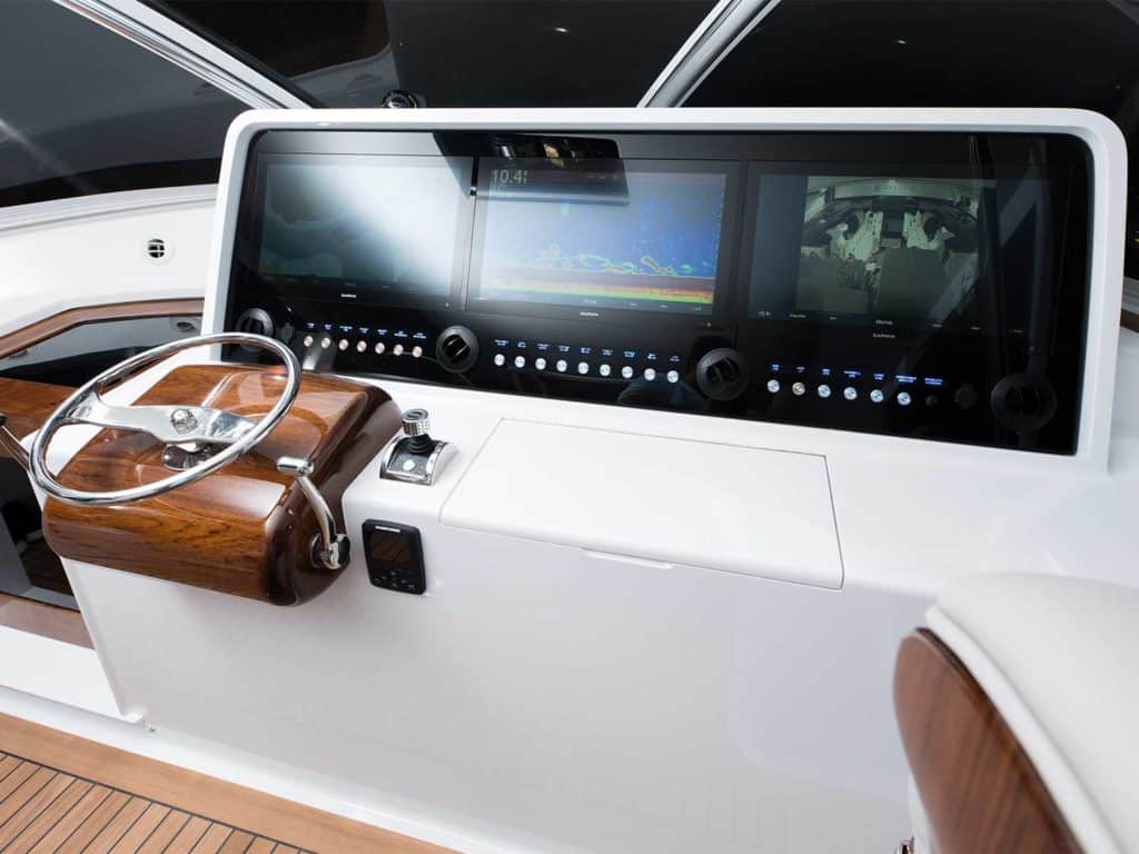 The console helm and wheel of the Winter Custom Yachts 53 Express