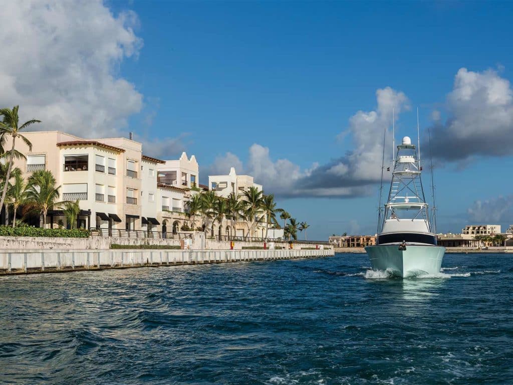 A sport-fishing boat cruising through the waters in the Dominican Republic.