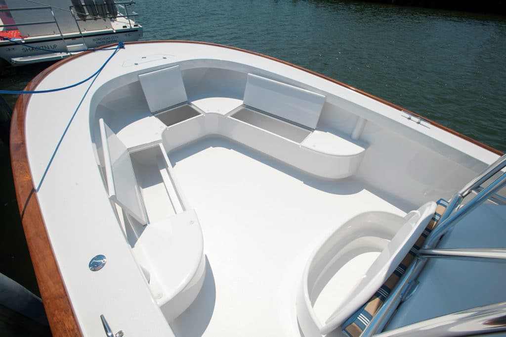 The storage and seating of a Jarrett Bay Boatworks sport-fishing boat.