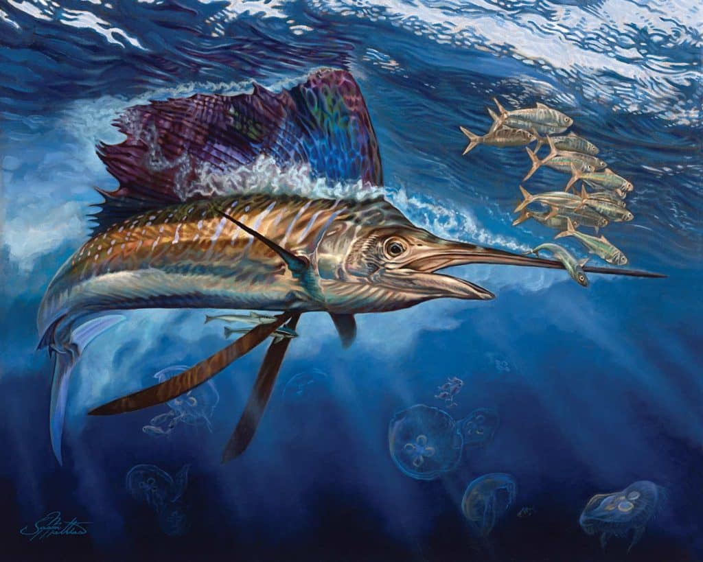 A painting of a large sailfish underwater with oils on canvas.