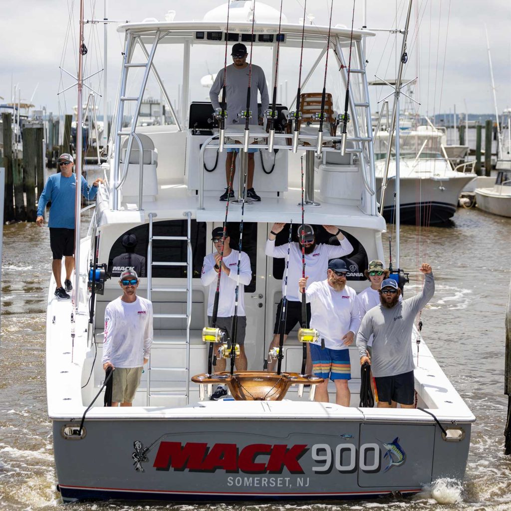 A crew of sport-fishers on a sport-fishing boat.