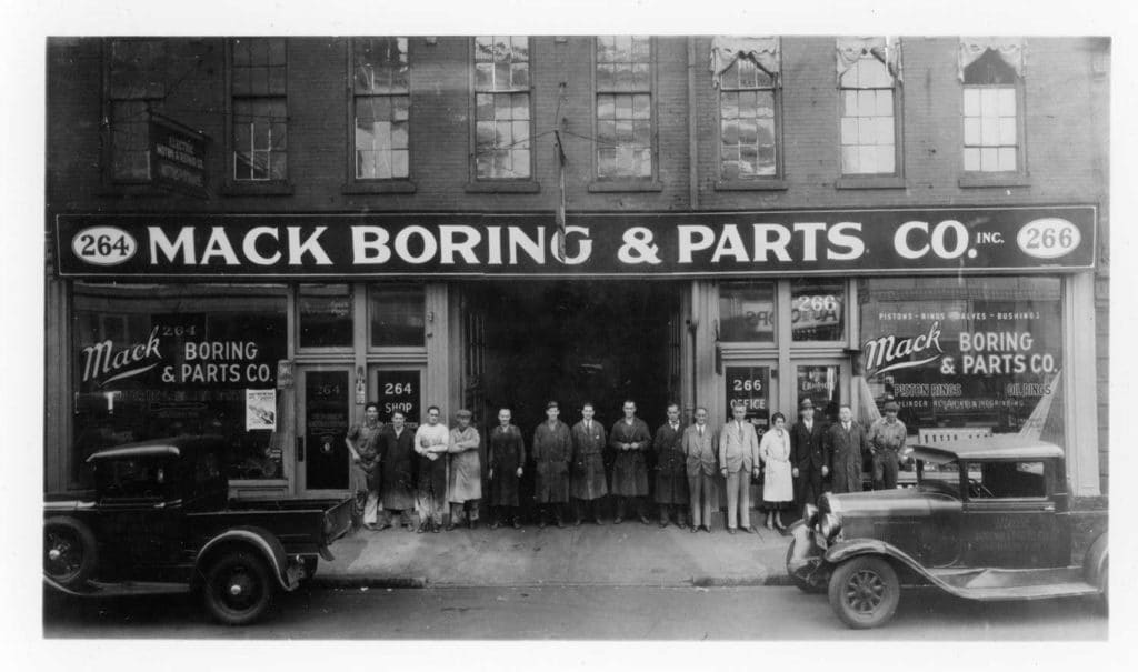 A black and white image of a parts store.