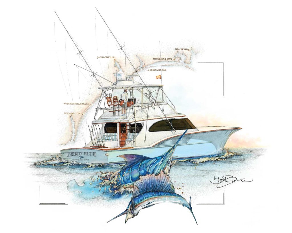 A watercolor painting of marlin and sport-fishing yachts.