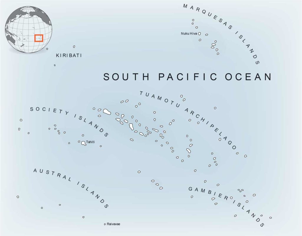 A digital map rendering of the islands of Tahiti in the South Pacific Ocean.
