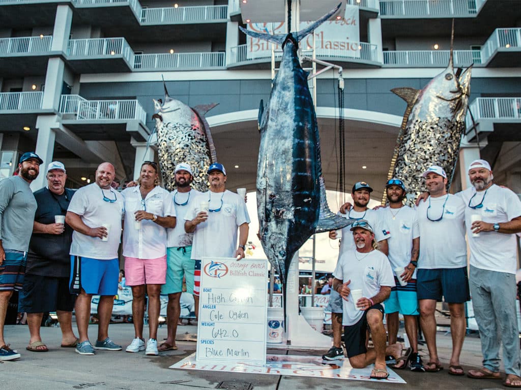 A sport-fishing team celebrates victory at the Wharf in Gulf Shores