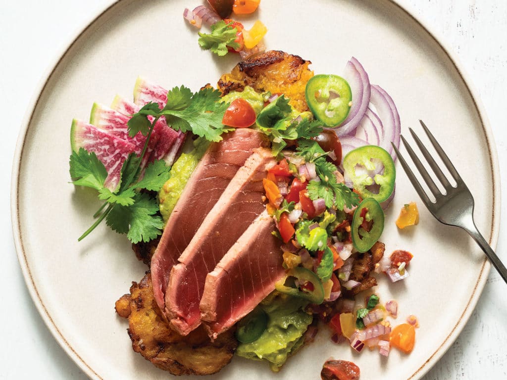 Tuna Tostones with Guacamole and Pico de Gallo