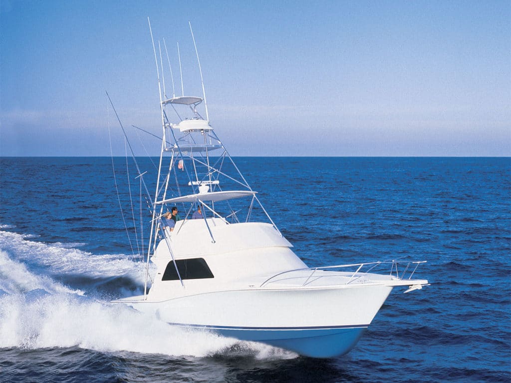 A Viking Yacht sport-fishing boat cruising across the water.