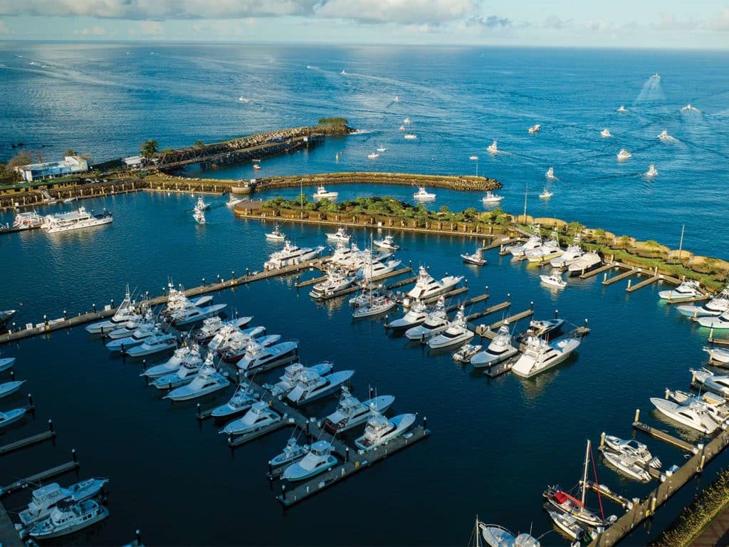 Aerial view of Marina Pez Vela. The docks are full of sport-fishing boats.