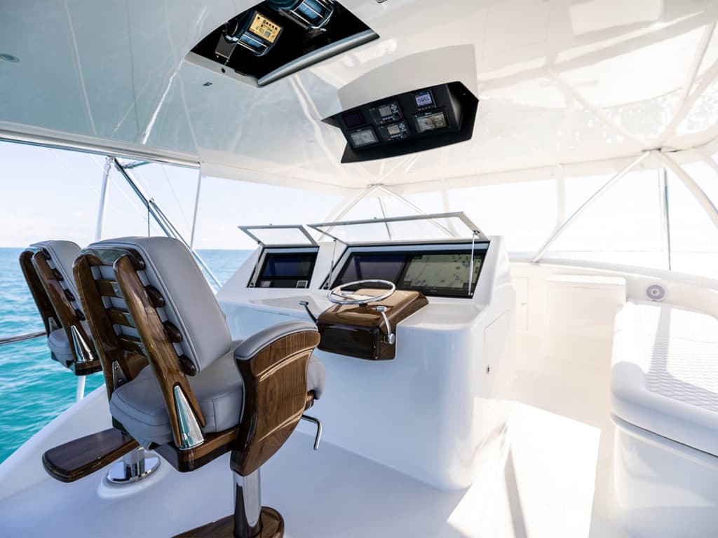 Helm consoles of the Titan Custom Yachts 63 sport-fishing yacht.